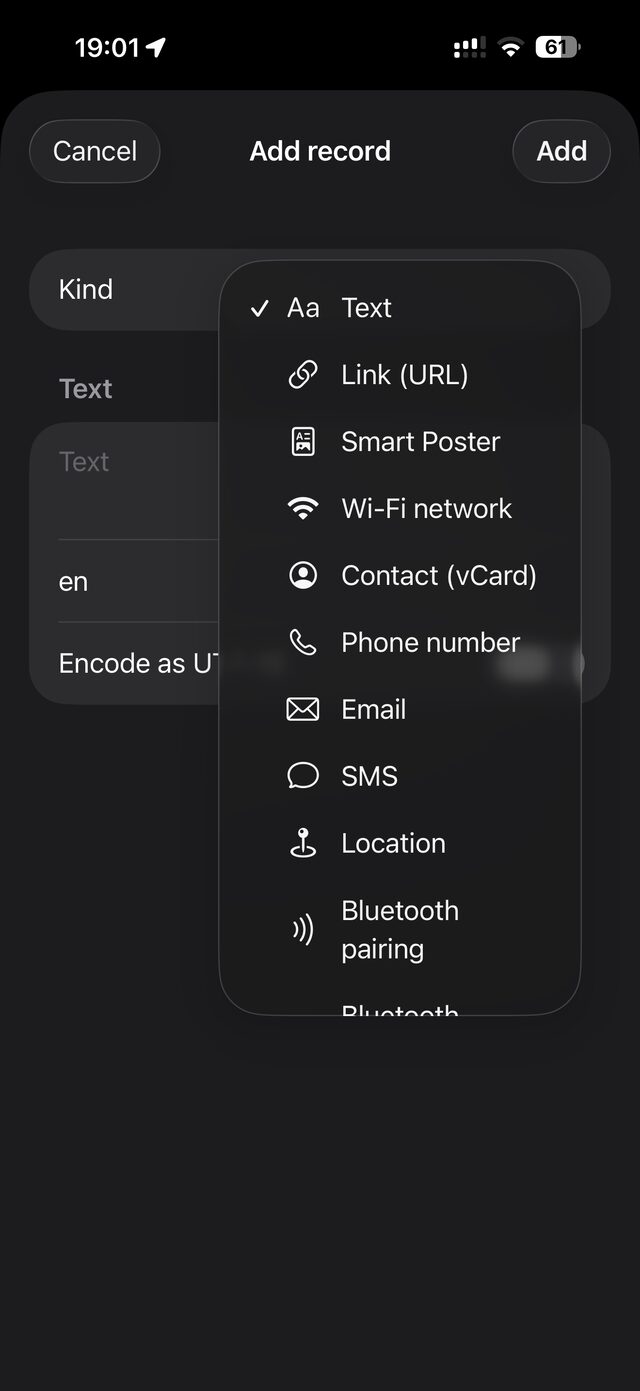 Add record menu listing text, link, Smart Poster, Wi-Fi, vCard, phone, email, SMS, location and Bluetooth pairing