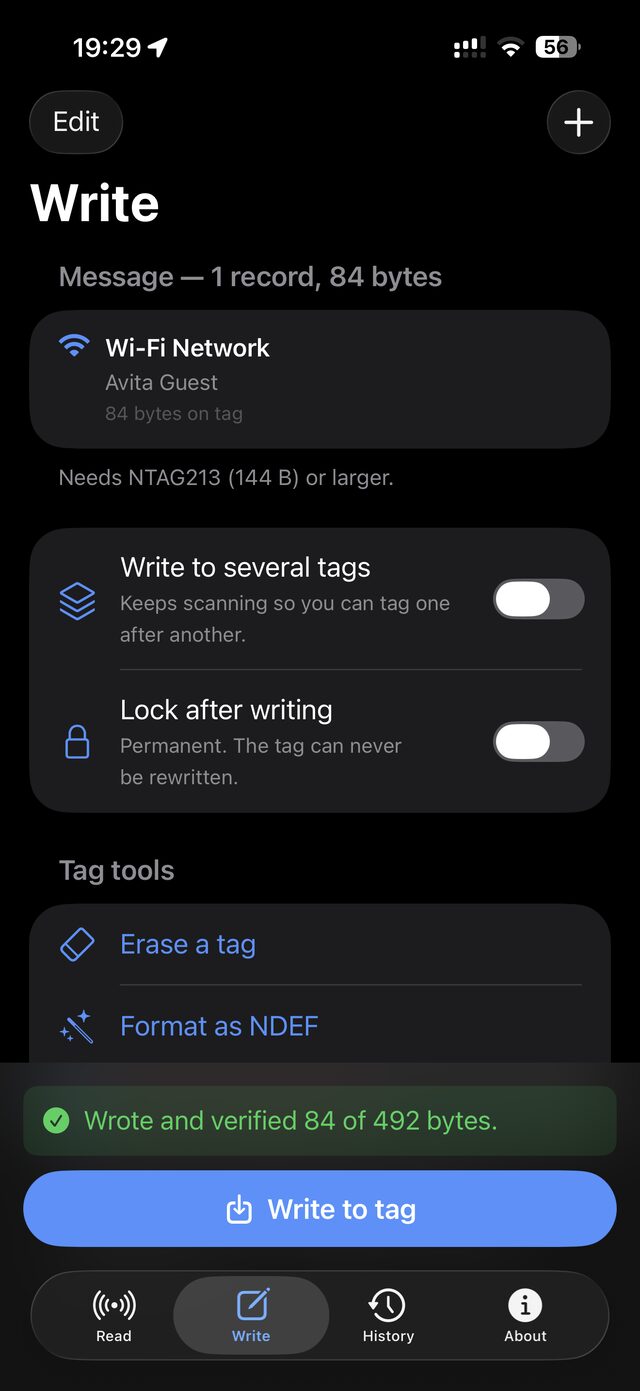 Write tab confirming: wrote and verified 84 of 492 bytes