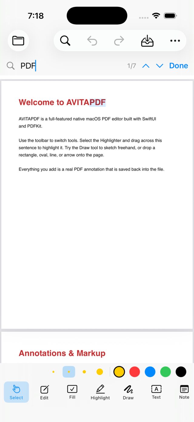 Full-text search for the term PDF showing match one of seven