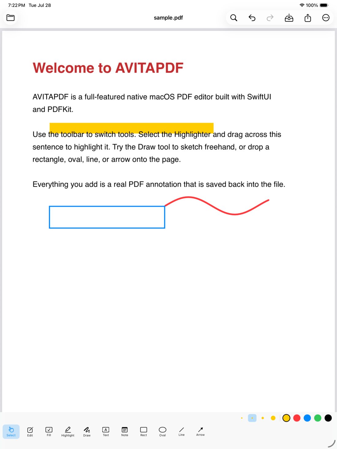 AVITAPDF open on iPad with highlight, freehand ink and a rectangle annotation over a sample document