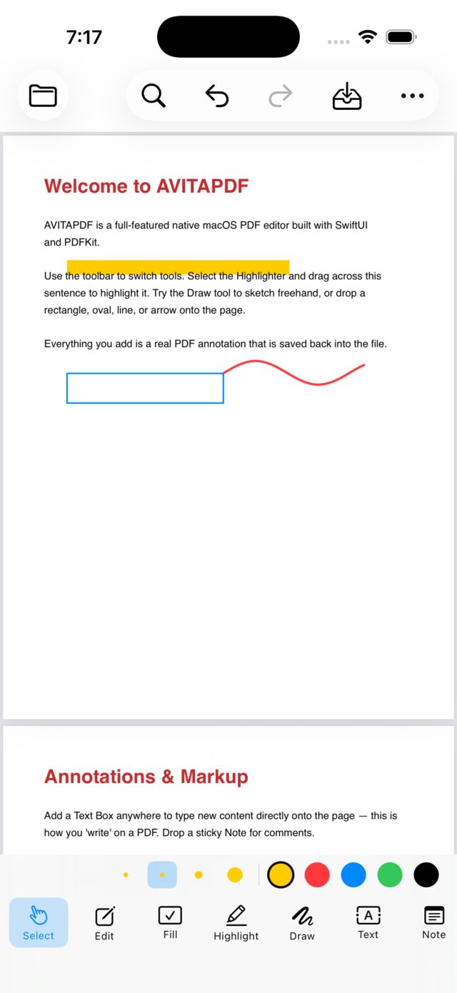 AVITAPDF on iPhone showing a CONFIDENTIAL stamp over a document page