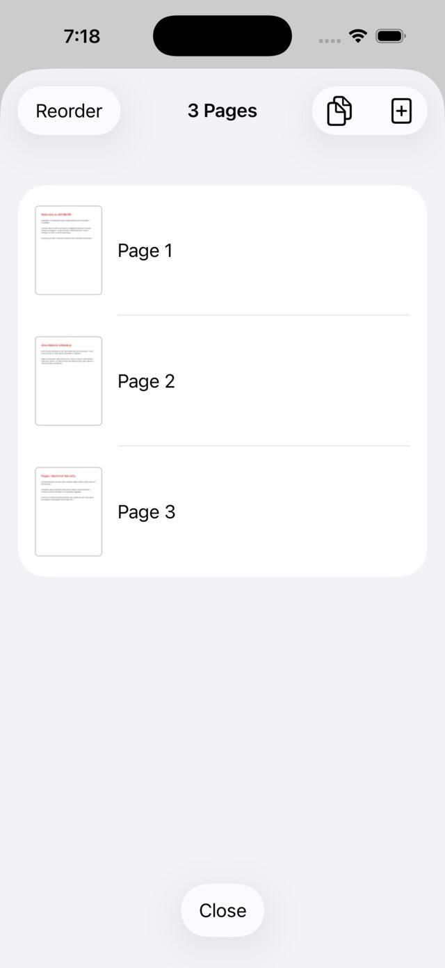Page reorder view listing three pages with drag handles